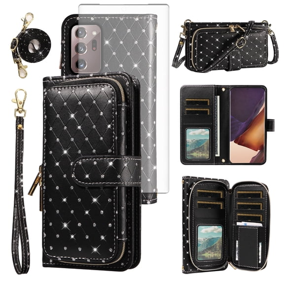 Asuwish Wallet Phone Case for Samsung Galaxy Note 20 Ultra 5G Tempered Glass Screen Protector Bling Glitter Crossbody Lanyard Strap Flip Zipper Purse Card Holder Cell Cover Note20Ultra Women Black