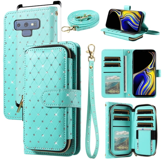Asuwish Wallet Phone Case for Samsung Galaxy Note 9 and Tempered Glass Screen Protector Bling Glitter Crossbody Lanyard Strap Flip Zipper Purse Card Holder Cell Cover Note9 Not S9 Women Men Green