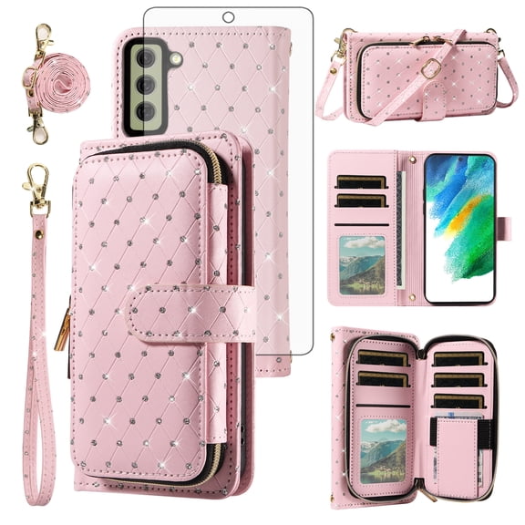 Asuwish Wallet Phone Case for Samsung Galaxy S20 FE 5G 6.5 inch Tempered Glass Screen Protector Bling Glitter Crossbody Lanyard Strap Flip Zipper Purse Card Holder Cell Cover S 20 EF UW S20FE5G Pink