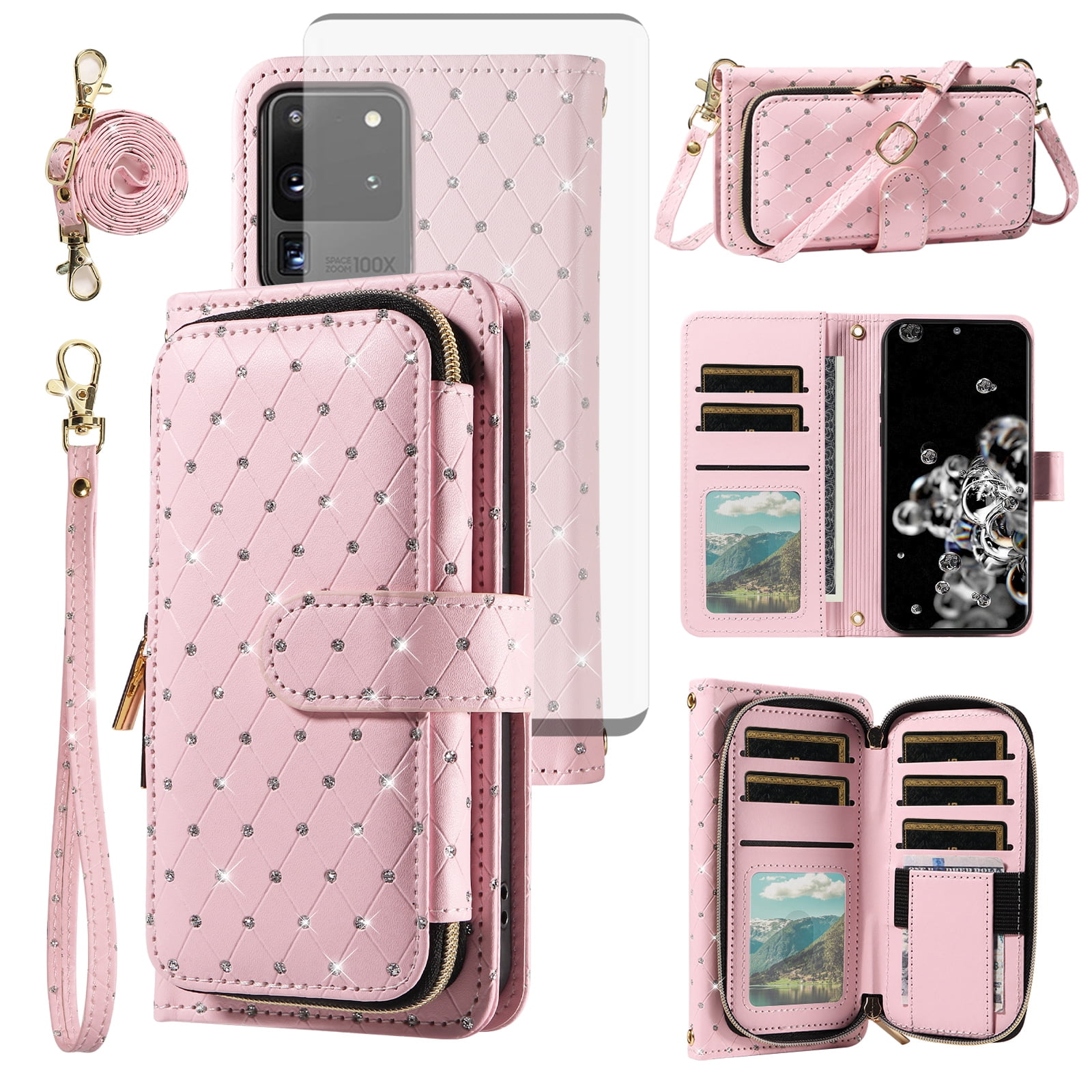 Asuwish Wallet Phone Case for Samsung Galaxy S20 Ultra 5G Tempered Glass Screen Protector Bling Glitter Crossbody Lanyard Strap Flip Zipper Purse Card Holder Cell Cover S20ultra 20S 20U 20ultra Pink