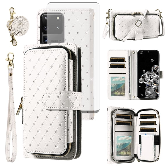 Asuwish Wallet Phone Case for Samsung Galaxy S20 Ultra 5G Tempered Glass Screen Protector Bling Glitter Crossbody Lanyard Strap Flip Zipper Purse Card Holder Cell Cover S20ultra 20S 20U 20ultra White