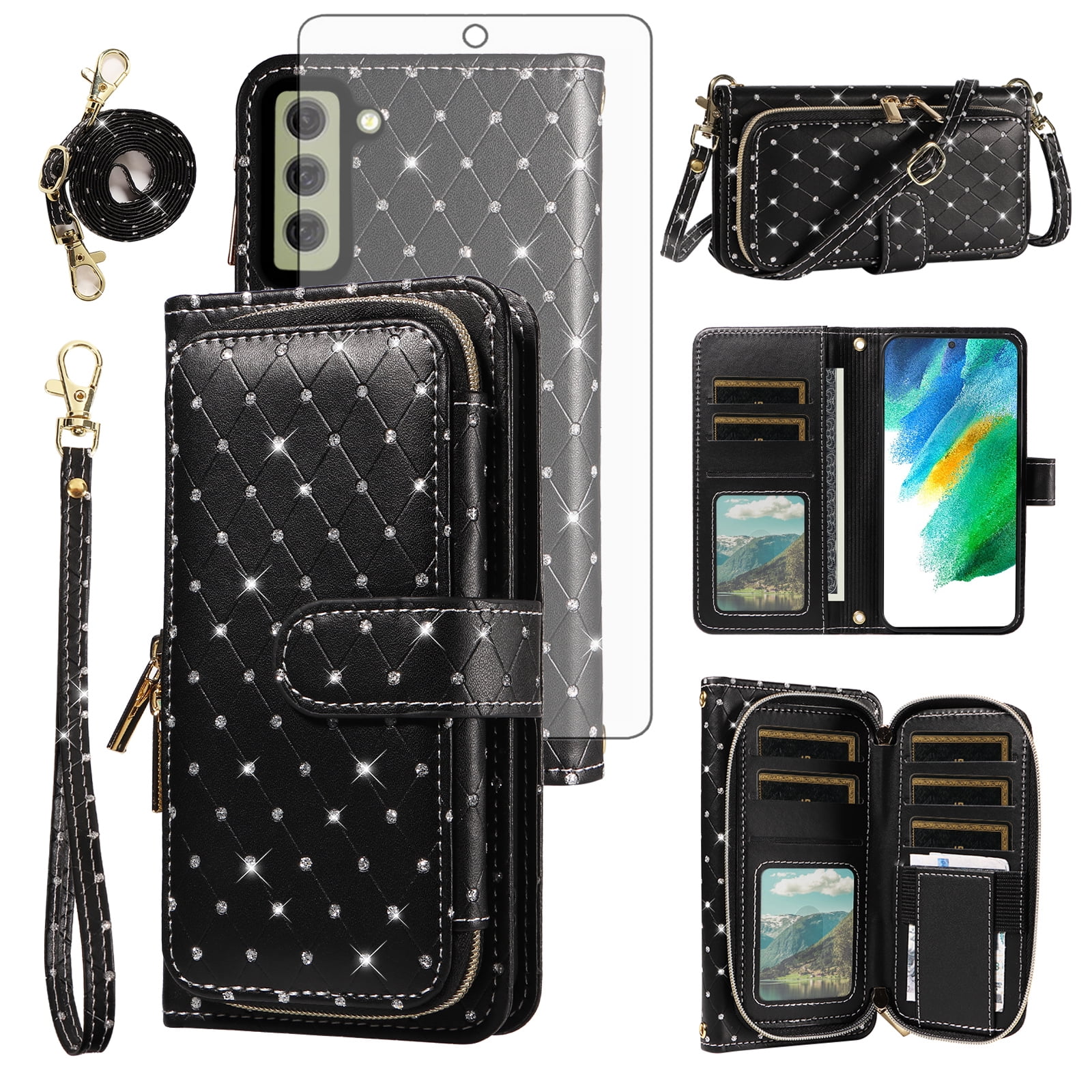 Asuwish Wallet Phone Case for Samsung Galaxy S21 FE 5G Tempered Glass Screen Protector Bling Glitter Crossbody Lanyard Strap Flip Zipper Purse Card Holder Cell Cover S 21 EF S21FE UW S21FE 21S Black