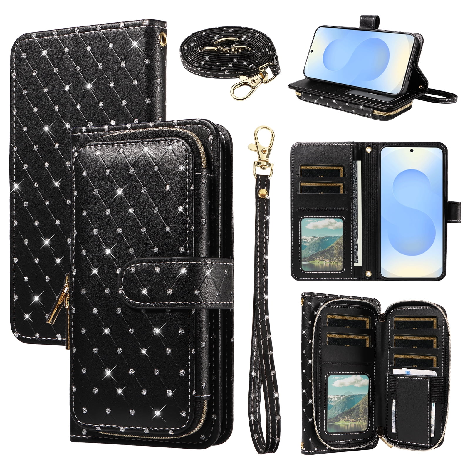 Asuwish Wallet Phone Case for Samsung Galaxy S26 Ultra 5G Tempered Glass Screen Protector Bling Glitter Crossbody Lanyard Strap Flip Zipper Purse Card Holder Cell Cover S26Ultra 26S S 26U Women Black