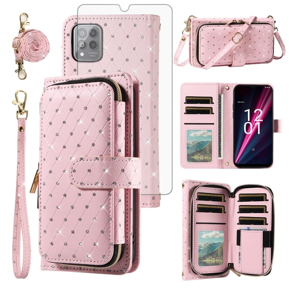 Asuwish Wallet Phone Case for T-Mobile Revvl 6 Pro/6X Pro 5G Tempered Glass Screen Protector Bling Glitter Crossbody Lanyard Strap Flip Zipper Purse Card Holder Cell Cover Tmobile Revel6pro TCL pink