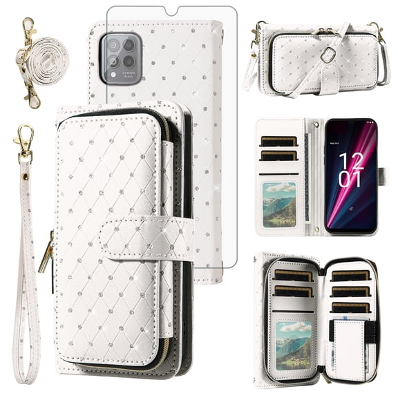 Asuwish Wallet Phone Case for T-Mobile Revvl 6 Pro/6X Pro 5G Tempered Glass Screen Protector Bling Glitter Crossbody Lanyard Strap Flip Zipper Purse Card Holder Cell Cover Tmobile Revel6pro TCL White