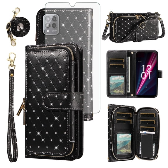 Asuwish Wallet Phone Case for T-Mobile Revvl 6 Pro/6X Pro 5G Tempered Glass Screen Protector Bling Glitter Crossbody Lanyard Strap Flip Zipper Purse Card Holder Cell Cover Tmobile Revel6pro TCL Black