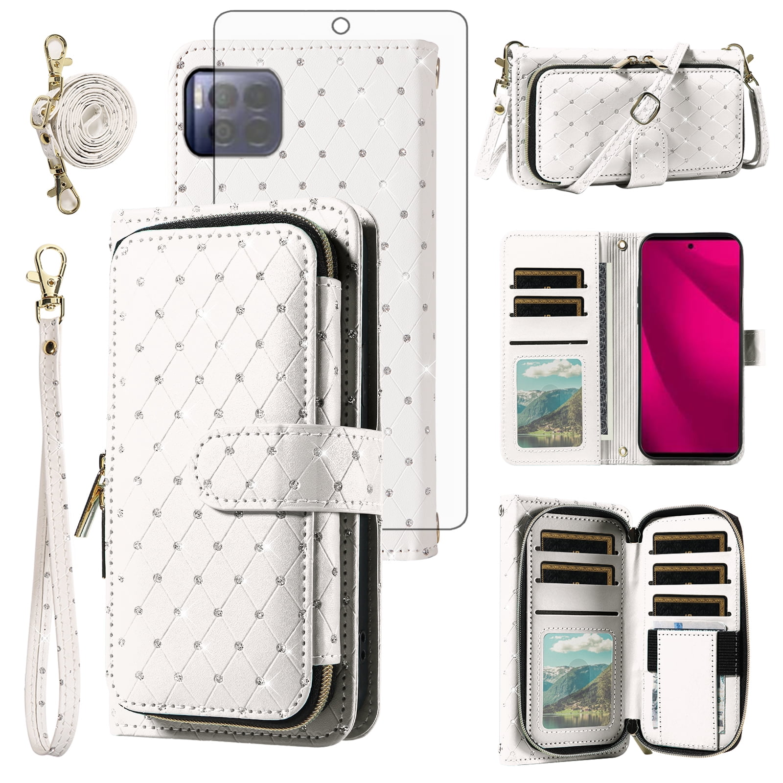 Asuwish Wallet Phone Case for T-Mobile Revvl 7 Pro 5G Tempered Glass Screen Protector Bling Glitter Crossbody Lanyard Strap Flip Zipper Purse Card Holder Cell Cover T Mobile Revel7pro Women Men White
