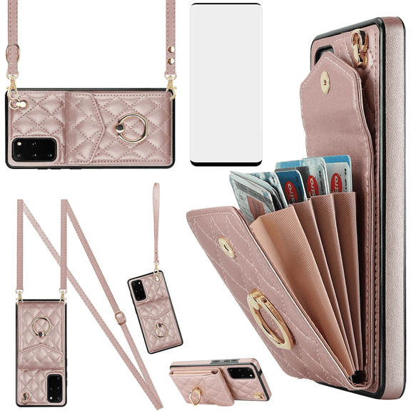 Asuwish Wallet RFID Blocking PU Leather Cell Phone Case with Tempered Glass Screen Protector, Wrist Strap for Samsung Galaxy S20 Plus, Rose Gold