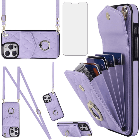 Asuwish Wallet RFID Blocking PU Leather Cell Phone Case with Tempered Glass Screen Protector, Wrist Strap for iPhone 13 Pro Max, Purple