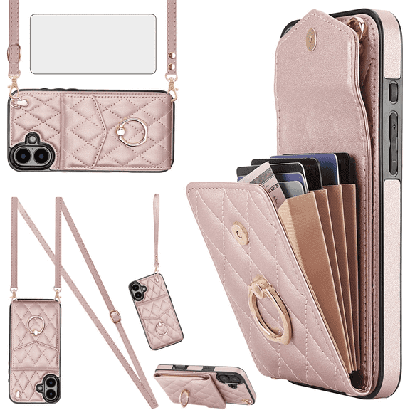 Asuwish Wallet RFID Blocking PU Leather Cell Phone Case with Tempered Glass Screen Protector, Wrist Strap for iPhone 16 Plus, Rose Gold