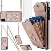 Asuwish Wallet RFID Blocking PU Leather Cell Phone Case with Tempered Glass Screen Protector, Wrist Strap for iPhone X/XS, Rose Gold