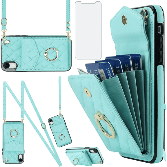 Asuwish Wallet RFID Blocking PU Leather Cell Phone Case with Tempered Glass Screen Protector, Wrist Strap for iPhone XR, Teal
