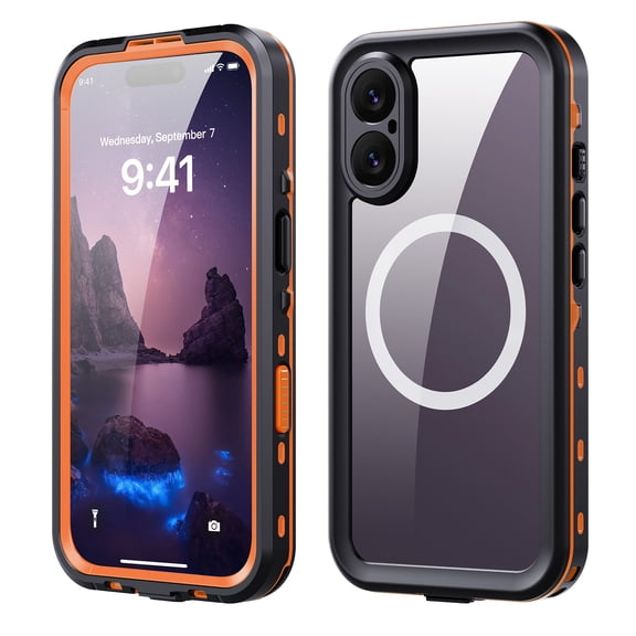 Asuwish Waterproof Phone Case for iPhone 17 Pro Max 6.9 inch Built-in Screen Protector 360 Full Body Compatible with Magsafe Clear Cell Cover Rugged Magnetic Protective iP17ProMax Women Men Orange