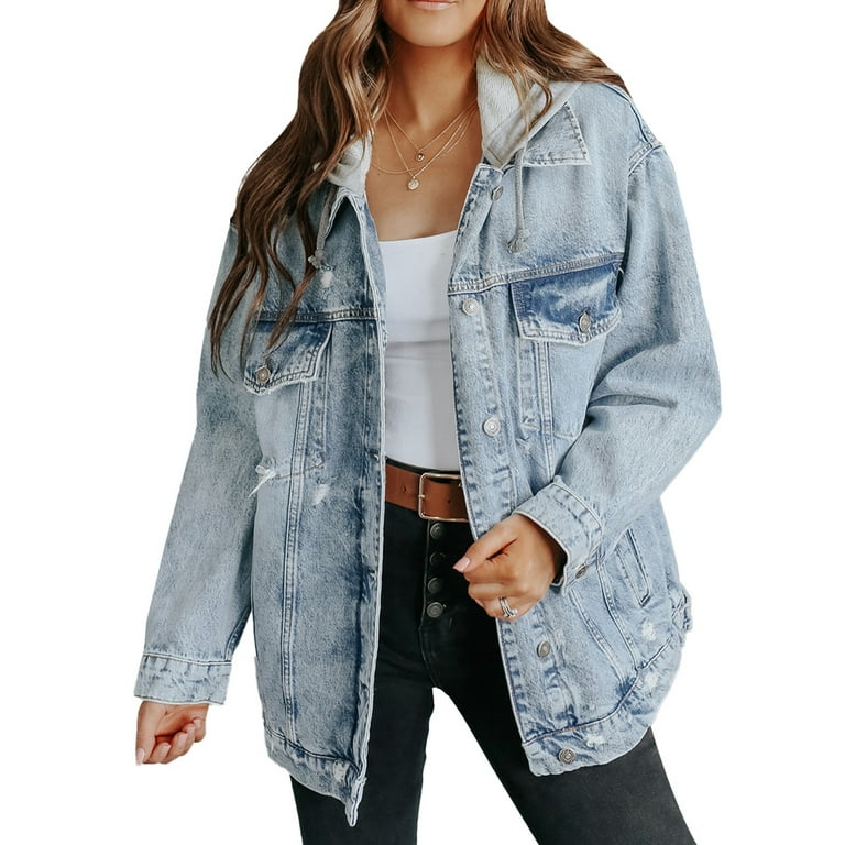 Asvivid Women's Hooded Jean Jacket Coat Distressed Washed Denim Shacket Oversized Casual Button Down Hoodies Outerwear with Pockets, Size: Small, Blue