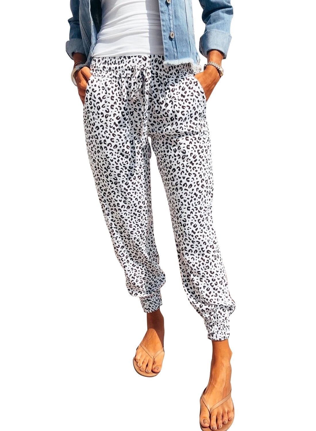 Asvivid Women s Leopard Print Sports Lounge Pants Drawstring Elastic Waist Sweatpants Casual Trousers with Pockets