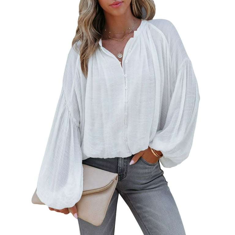 Asvivid Women's Long Sleeve Blouses Casual Loose Fit Button Down Shirts  Solid Color V Neck Balloon Sleeve Tops