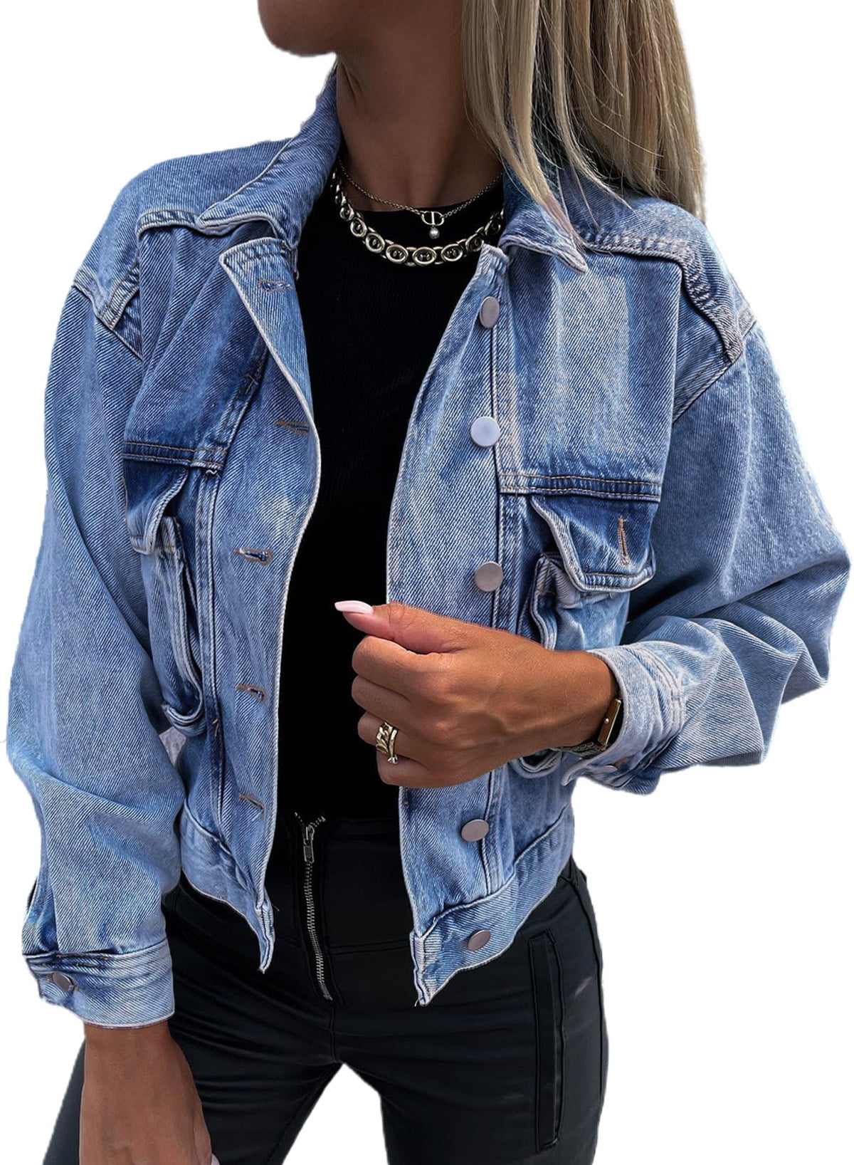 Denim Asvivid Sleeve Rhinestone Coat Blue Pearls Jean Jacket Down Women\'s Long Jacket Casual Shacket Button