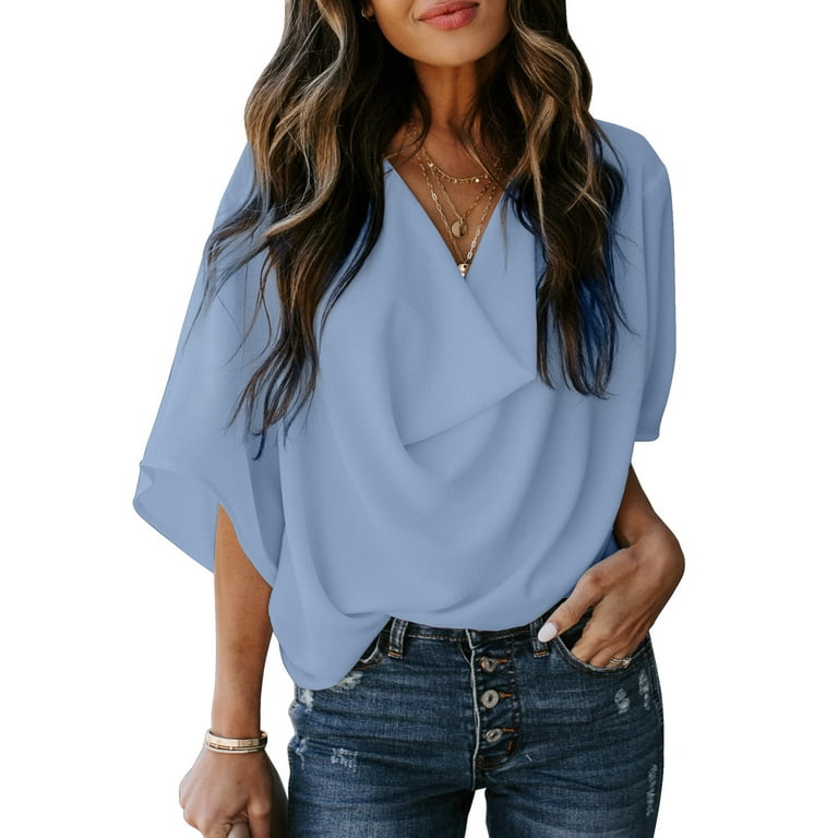 Blouses for Women Fashion 2022 Summer Short Sleeve Wrap V Neck Draped Front  Tops Casual Solid Loose Chiffon Shirts Black at  Women's Clothing  store