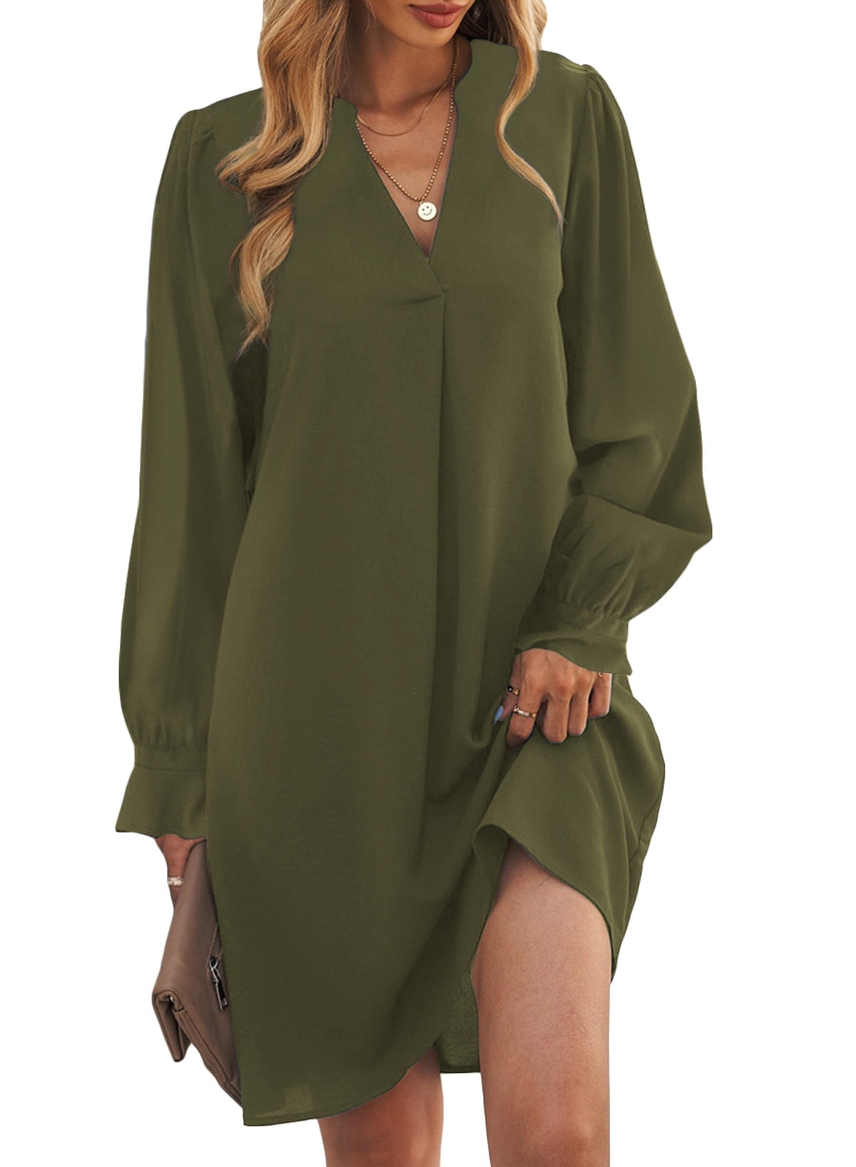Asvivid Womens Long Sleeve Shirt Dress Split V Neck Ruffle Solid