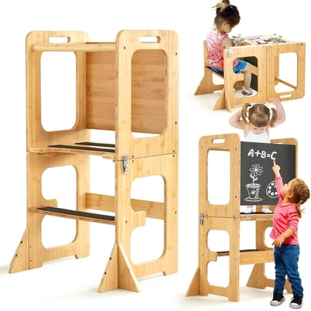 Asweets 4 in 1 Toddler Learning Standing Tower, Toddler Step Stool Table Combo, Wooden Kitchen Step Stool for Toddlers with Chalkboard, Anti-Slip Protection, Ideal Helping Tower for Toddlers