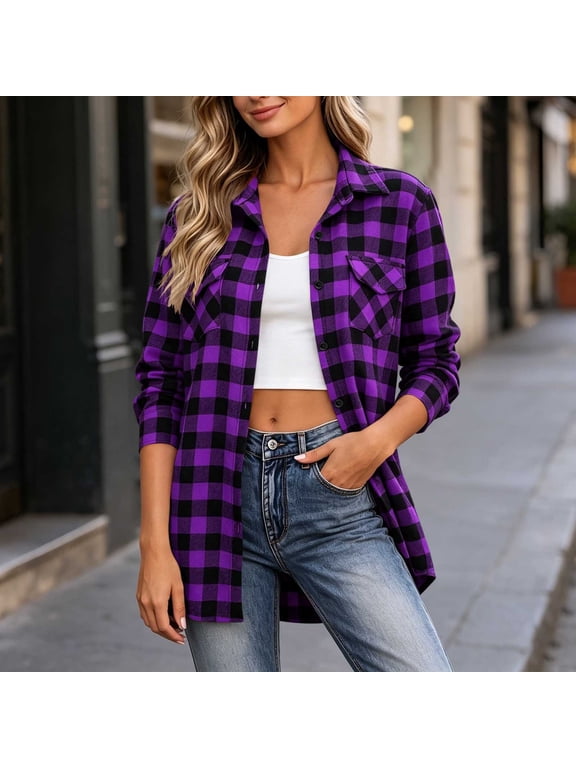 Plaid Shirt Jacket For Women Flannel Shacket Button Down Collared Long Sleeve Casual Jacket Fall Layering Outerwear