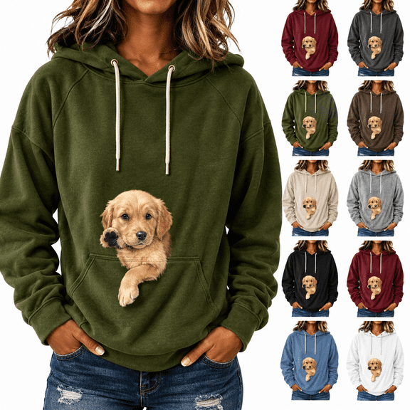 Aswuknt Women's Corduroy Pet Pouch Hoodie Kangaroo Pocket Dog Pouch Pullover Pet Carrier Sweatshirts Animal Holder Long Sleeve Casual Tops