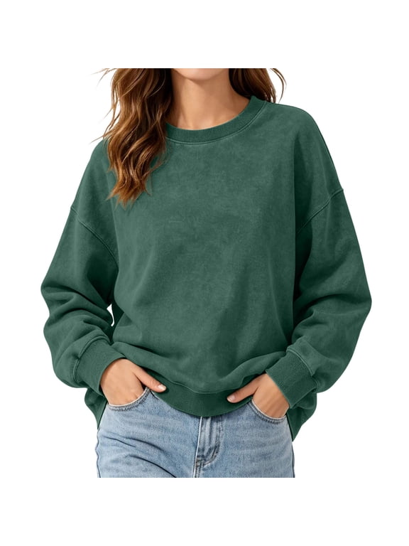 Women's Crew Neck Long Sleeve Sweatshirt Mineral Washed Loose Pullover Top for Fall Winter Casual Daily Outfit
