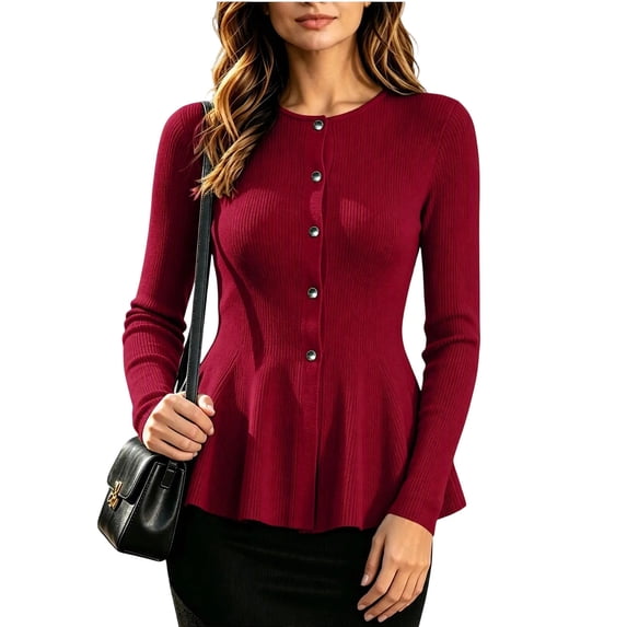 Aswuknt Women's Fall Winter Ribbed Knit Cardigan Long Sleeve Button Front Peplum Dressy Casual Work Sweater Top