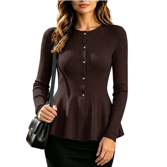 Aswuknt Women's Fall Winter Ribbed Knit Cardigan Long Sleeve Button Front Peplum Dressy Casual Work Sweater Top