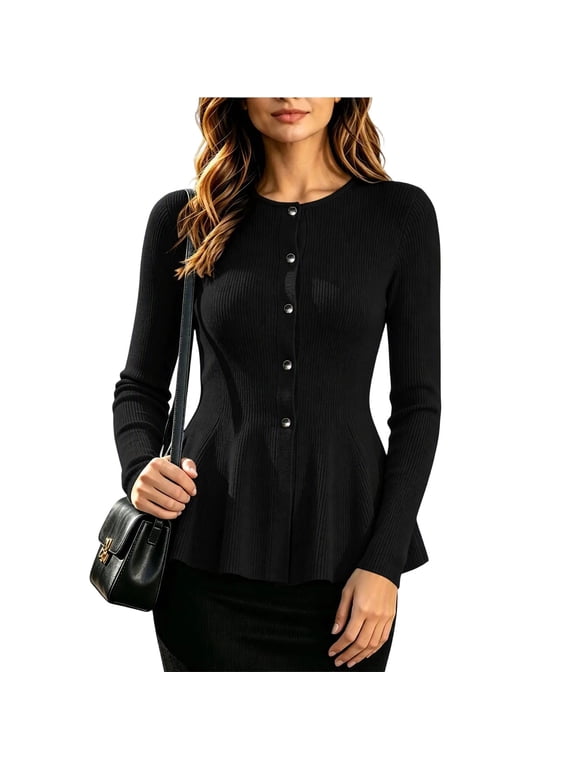 Women's Fall Winter Ribbed Knit Cardigan Long Sleeve Button Front Peplum Dressy Casual Work Sweater Top