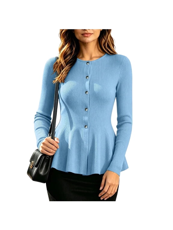 Women's Fall Winter Ribbed Knit Cardigan Long Sleeve Button Front Peplum Dressy Casual Work Sweater Top