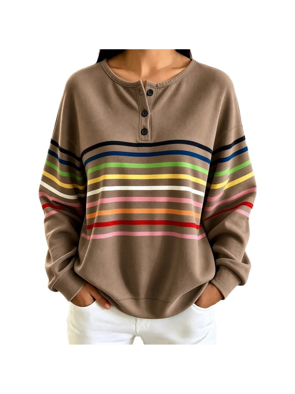Women's Henley Long Sleeve Sweatshirt Colorful Striped Loose Pullover Top for Fall Winter Casual Daily Outfit