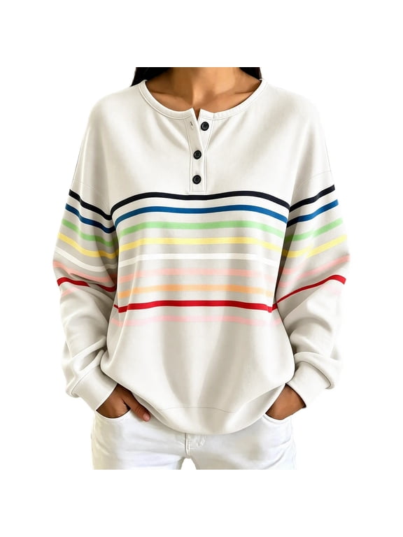 Women's Henley Long Sleeve Sweatshirt Colorful Striped Loose Pullover Top for Fall Winter Casual Daily Outfit