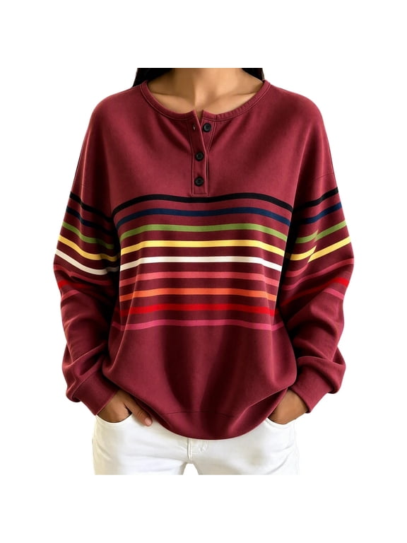 Women's Henley Long Sleeve Sweatshirt Colorful Striped Loose Pullover Top for Fall Winter Casual Daily Outfit