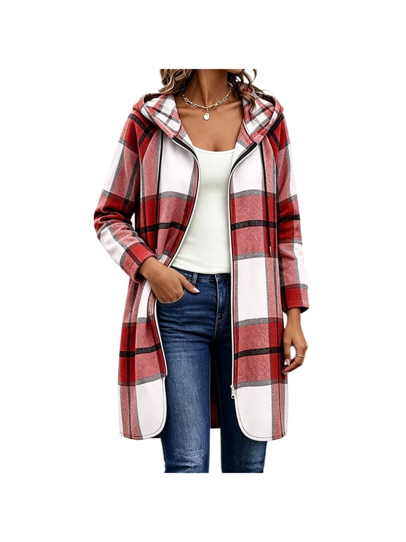 Women's Long Plaid Hooded Jacket Zip Up Casual Mid Length Outerwear for Fall Winter Daily Outdoor Wear