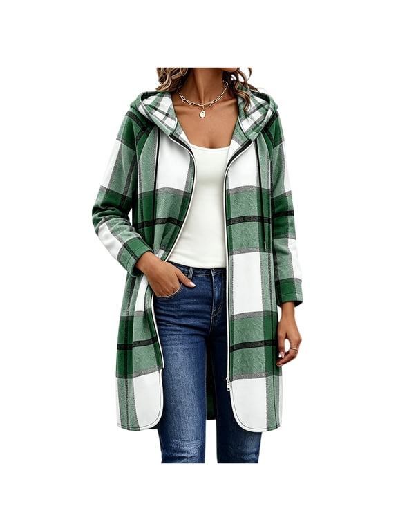 Women's Long Plaid Hooded Jacket Zip Up Casual Mid Length Outerwear for Fall Winter Daily Outdoor Wear