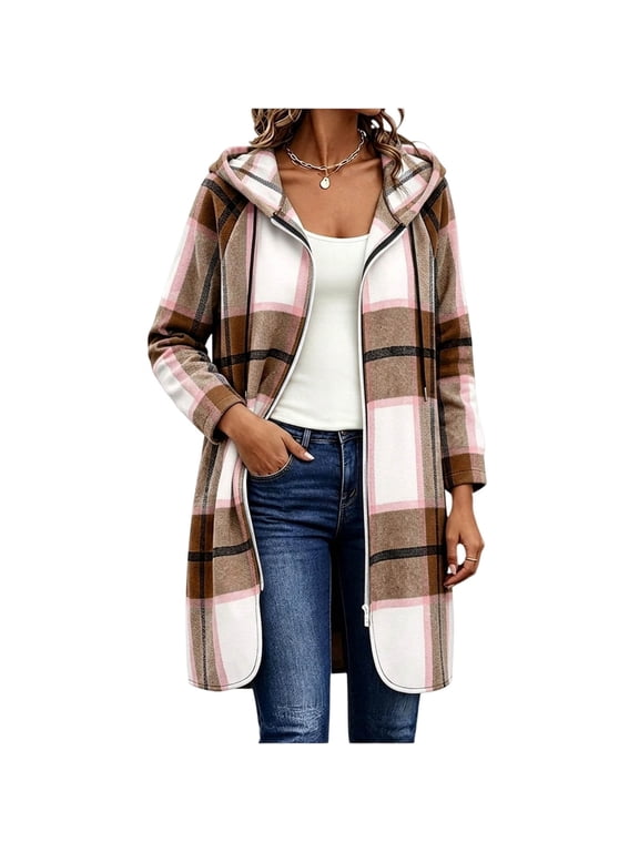Women's Long Plaid Hooded Jacket Zip Up Casual Mid Length Outerwear for Fall Winter Daily Outdoor Wear