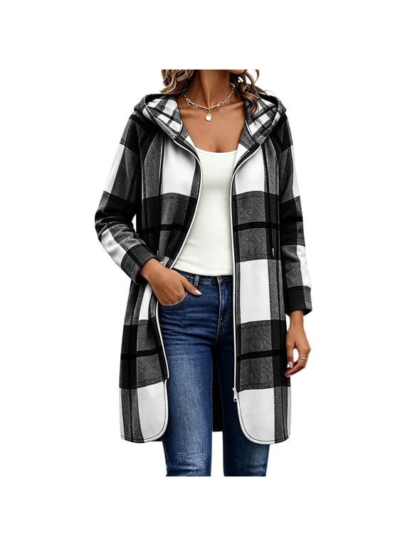 Women's Long Plaid Hooded Jacket Zip Up Casual Mid Length Outerwear for Fall Winter Daily Outdoor Wear