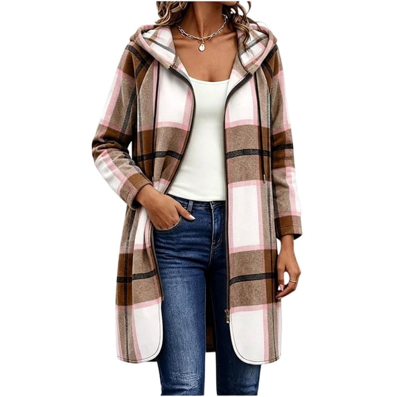 Aswuknt Women's Long Plaid Hooded Jacket Zip Up Casual Mid Length Outerwear for Fall Winter Daily Outdoor Wear
