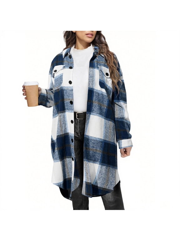 Women’s Long Plaid Shacket Button Down Loose Fit Shirt Jacket for Fall Winter Casual Daily Outing