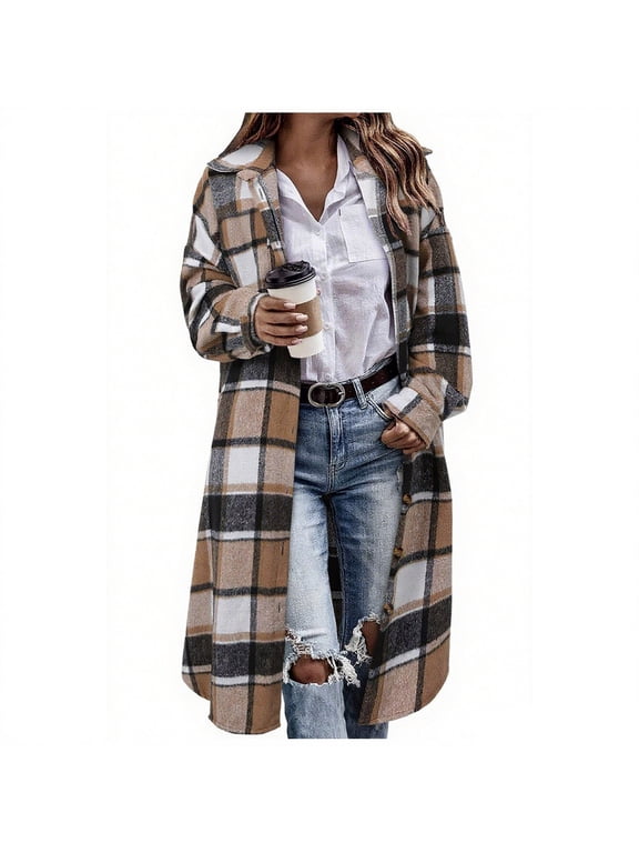 Women’s Long Plaid Shacket Button Down Oversized Shirt Jacket for Fall Winter Casual Outings