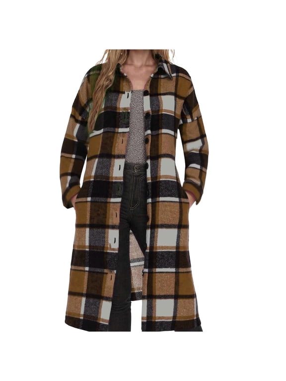Women’s Long Plaid Shacket Button Down Oversized Shirt Jacket for Fall Winter Casual Outings