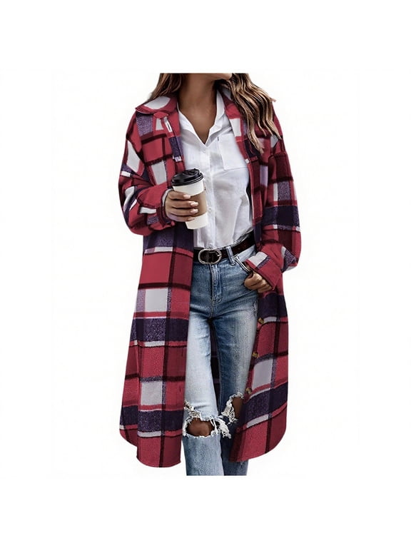 Women’s Long Plaid Shacket Button Down Oversized Shirt Jacket for Fall Winter Casual Outings