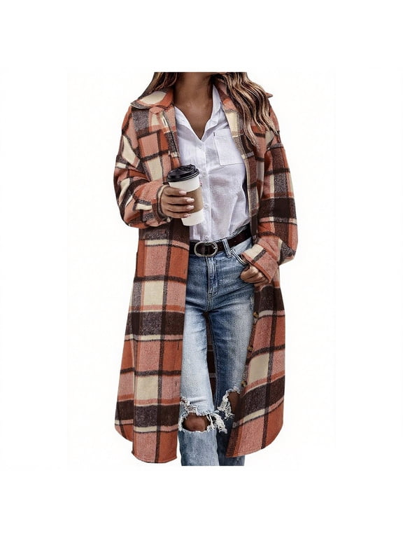 Women’s Long Plaid Shacket Button Down Oversized Shirt Jacket for Fall Winter Casual Outings