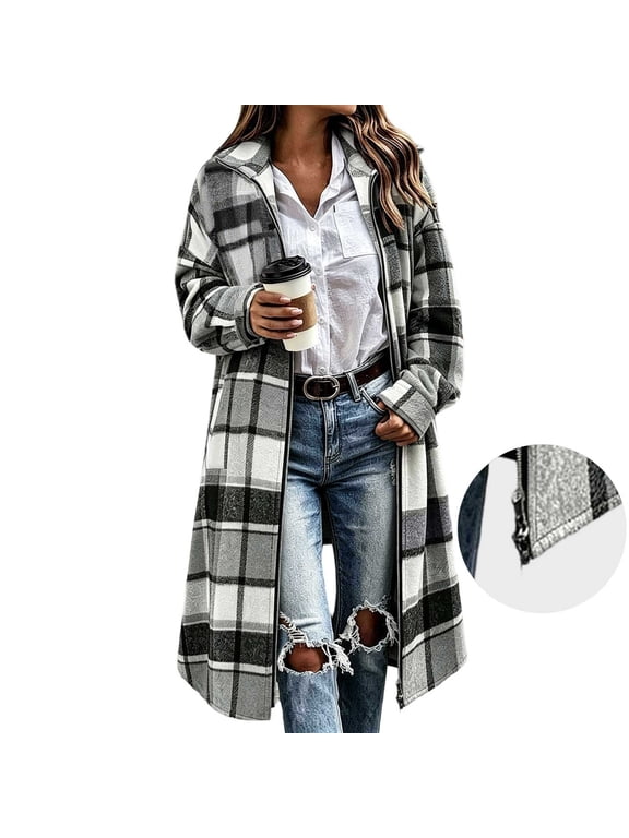 Women’s Long Plaid Shacket Zip Up Collared Oversized Shirt Jacket for Fall Winter Urban Casual Wear