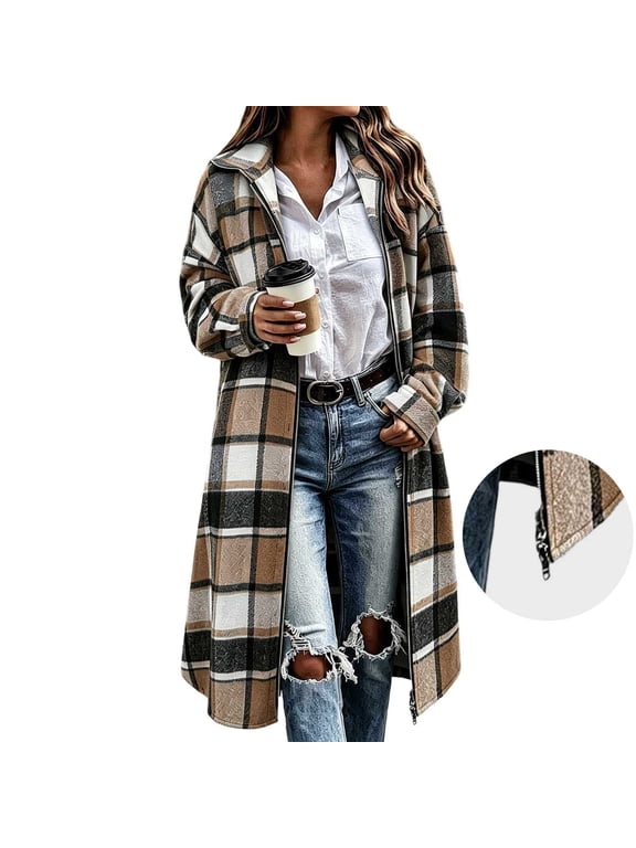 Women’s Long Plaid Shacket Zip Up Collared Oversized Shirt Jacket for Fall Winter Urban Casual Wear