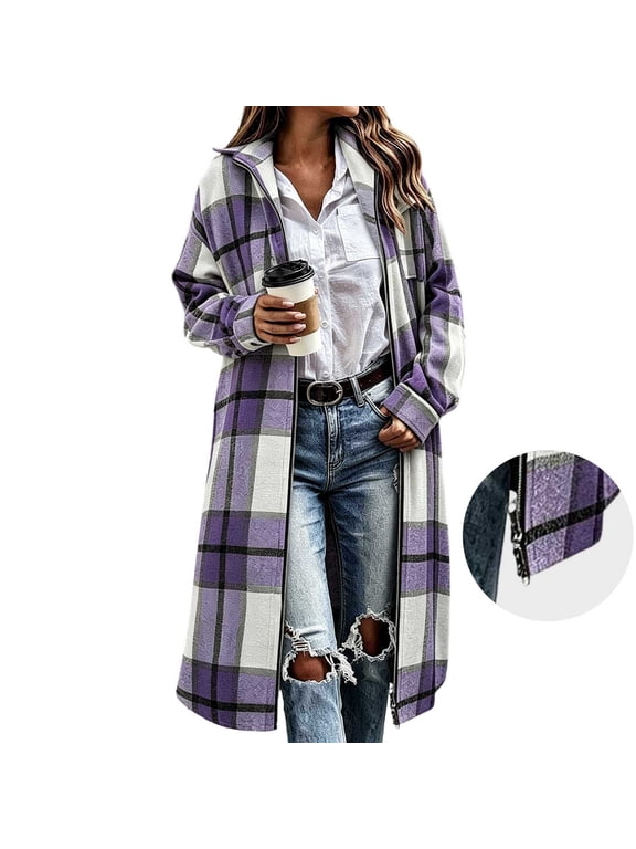 Women’s Long Plaid Shacket Zip Up Collared Oversized Shirt Jacket for Fall Winter Urban Casual Wear