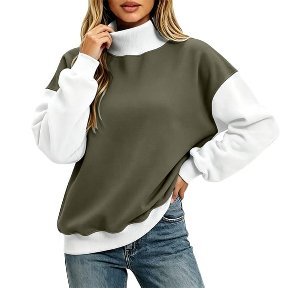 Aswuknt Women's Mock Neck Color Block Sweatshirt Long Sleeve Pullover Top Relaxed Fit Casual Fall Winter