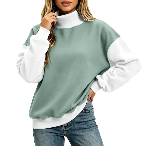 Aswuknt Women's Mock Neck Color Block Sweatshirt Long Sleeve Pullover Top Relaxed Fit Casual Fall Winter