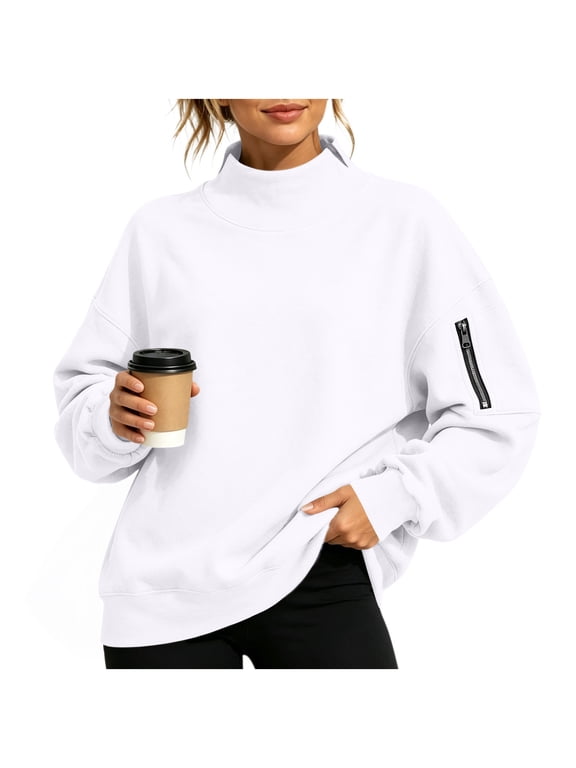 Women's Mock Neck Sweatshirt Long Sleeve Pullover with Zip Pocket Relaxed Fit Casual Fall Winter